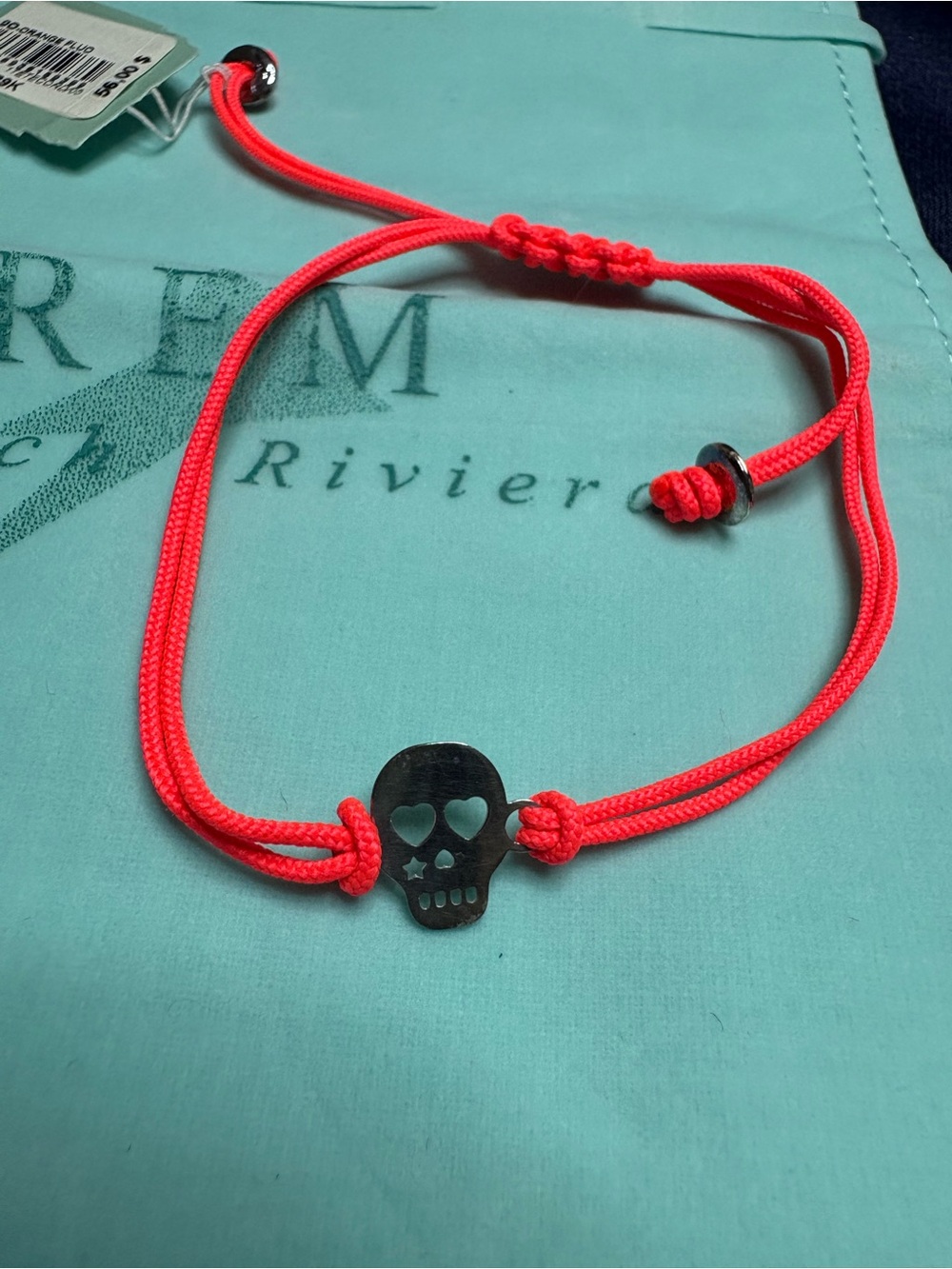 REM French Riviera Neon Coral Orange Cord Bracelet with Skull Charm - Picture 2 of 5